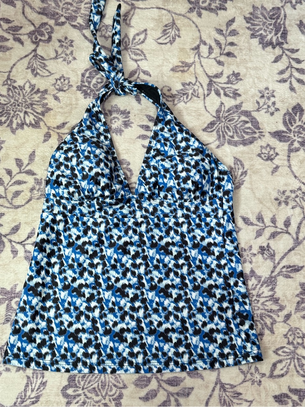 Time and Tru Blue Black White Halter Tankini Top